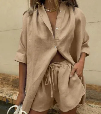 Nouveau style été 2024 européen et américain, ensemble deux pièces femme couleur unie chemise boutonnée à manches courtes et pantalon large La