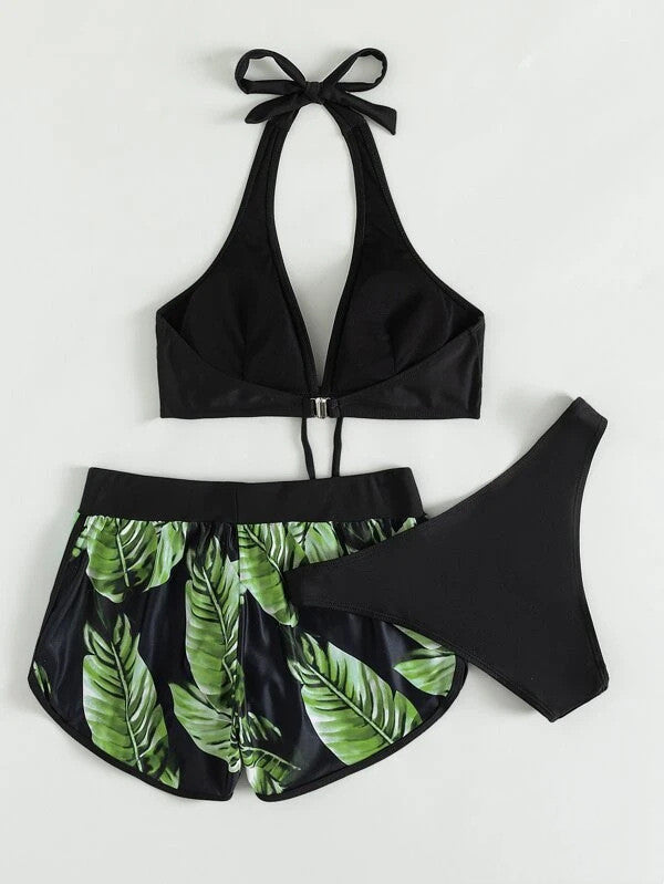 Women's 3-Piece Leaf Print Bikini Set with Shorts – Polyester Spandex, S–XL