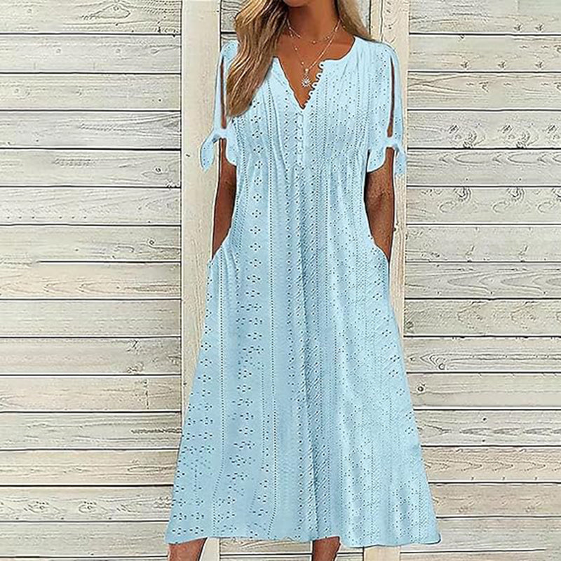 Women's Eyelet V-Neck Maxi Dress Short Sleeve Flowy A-Line Summer Beach Dress Color A Front View – AdriaPulse