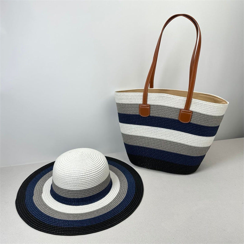 Women's Straw Beach Sun Hat & Shoulder Bag Set – Hand-Woven Boho Summer Accessory