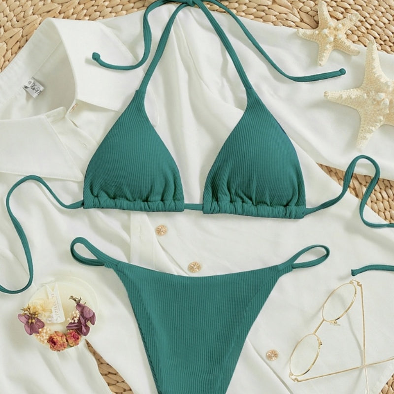 Women's Sexy Ribbed Tie Bikini Set – V-Neck Two-Piece Swimsuit