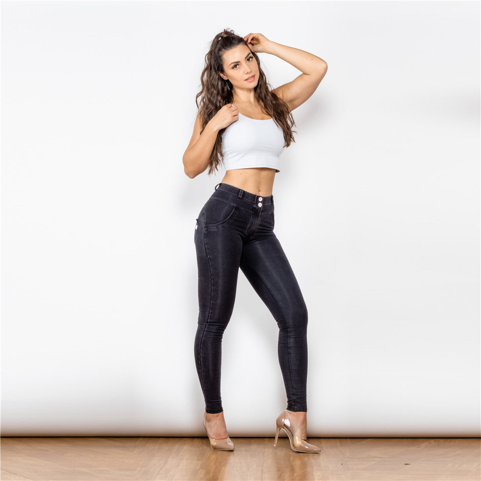 Women's stretch boyfriend straight leg jeans in black washed denim, relaxed fit casual style – AdriaPulse"