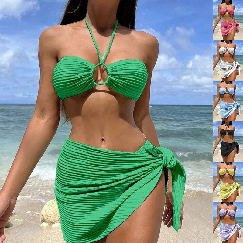 Ensemble bikini 3 pièces couleur unie pour femme – Nylon élasthanne, 8 couleurs, S–L