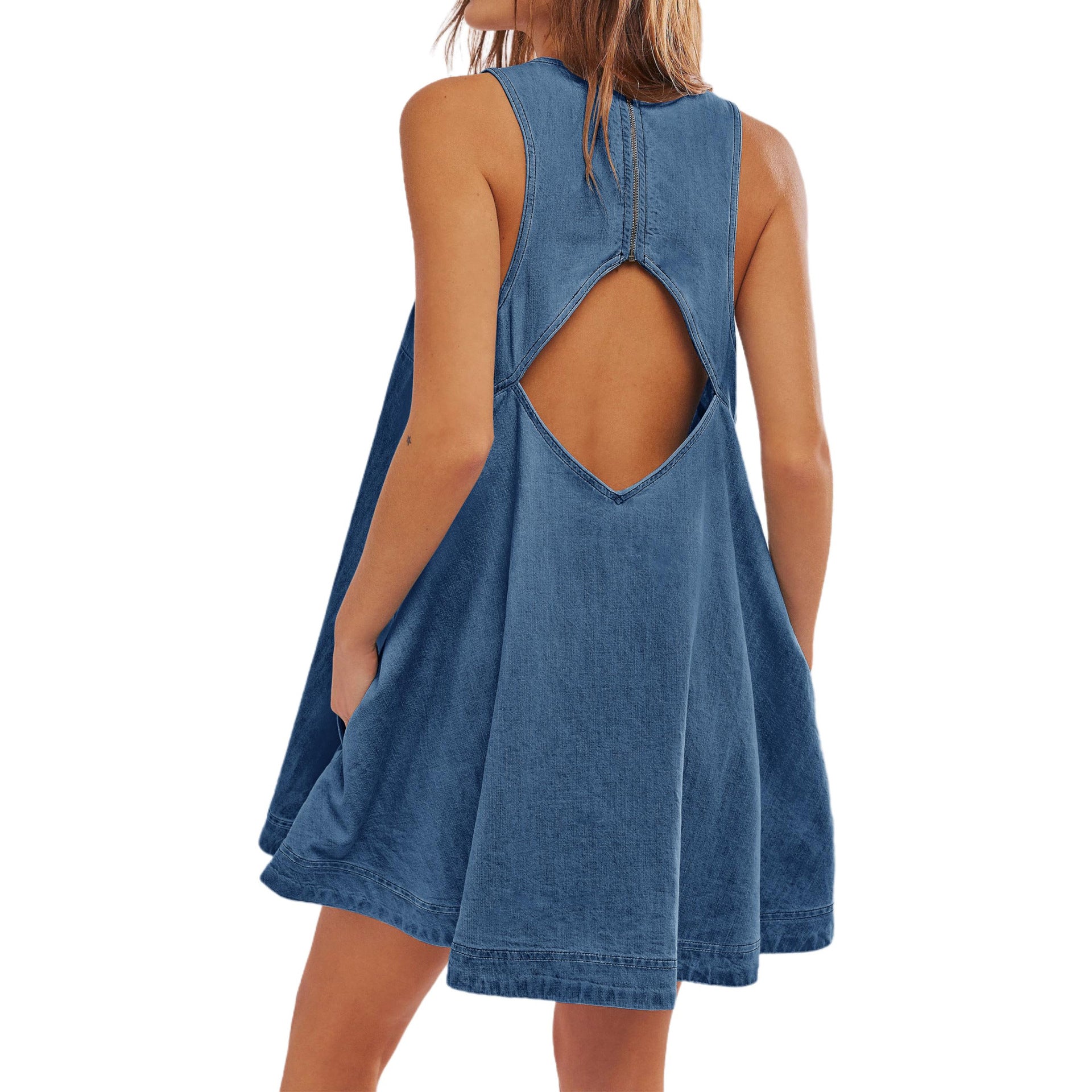 Sleeveless Backless Denim Mini Dress Dark Blue | AdriaPulse