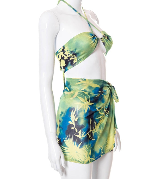 Dreiteiliges Print-Wickel-Brust-Neckholder-Westen-Minirock-Set