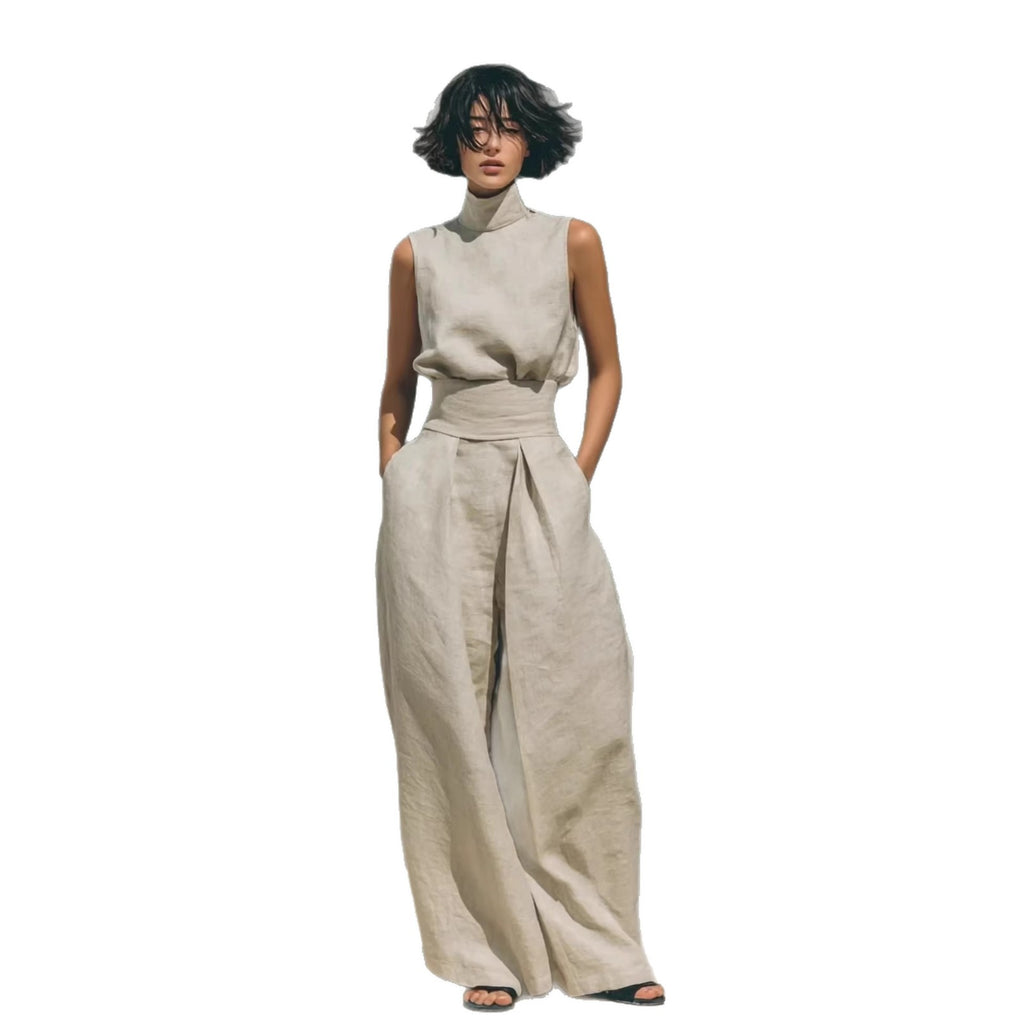 Lässiger ärmelloser Anzug Sommer Stehkragen Pullover-Top und weite gerade Hose Damenbekleidung