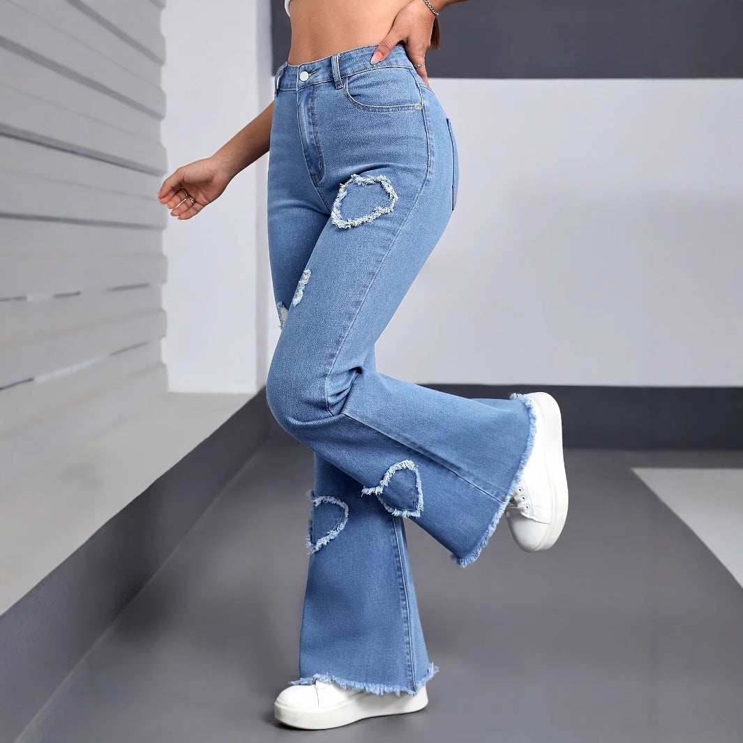 Women's Embroidered Ripped Flared Denim Jeans High Waist in Dark Blue – AdriaPulse