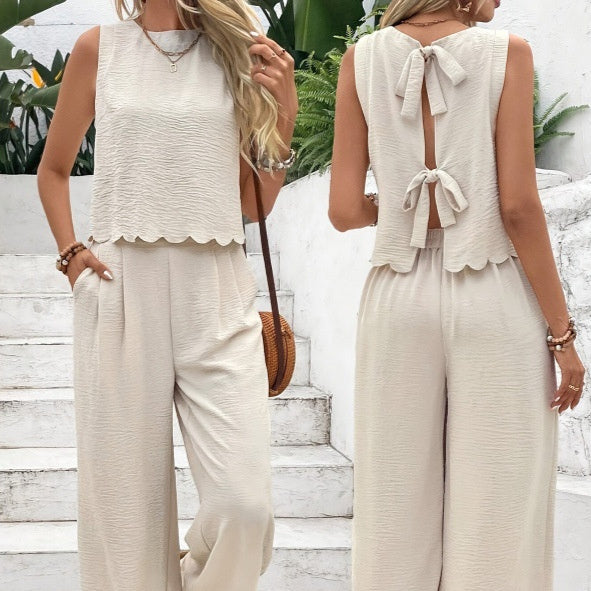 Damen Ärmelloses Weste mit Spitzenbesatz & Weite-Bein-Hose Set – Sommer-Zweiteiler