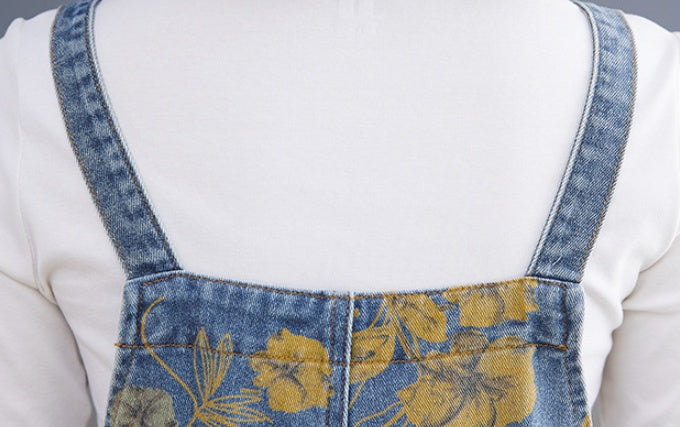 Women's High Waist Washed Denim Suspender Overalls – Printed Jean Jumpsuit