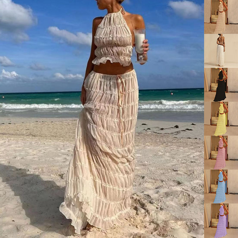 Women's Halter Crop Top Pleated Maxi Skirt Set Sexy Backless 2-Piece Beach Dress Suit – AdriaPulse
