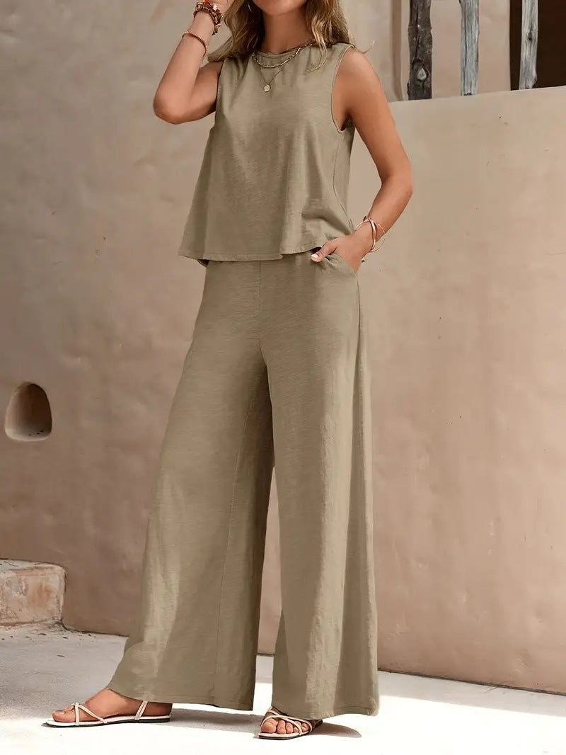 Women's Sleeveless Two Piece Suit – Casual Loose Top & Wide Leg Trousers Set