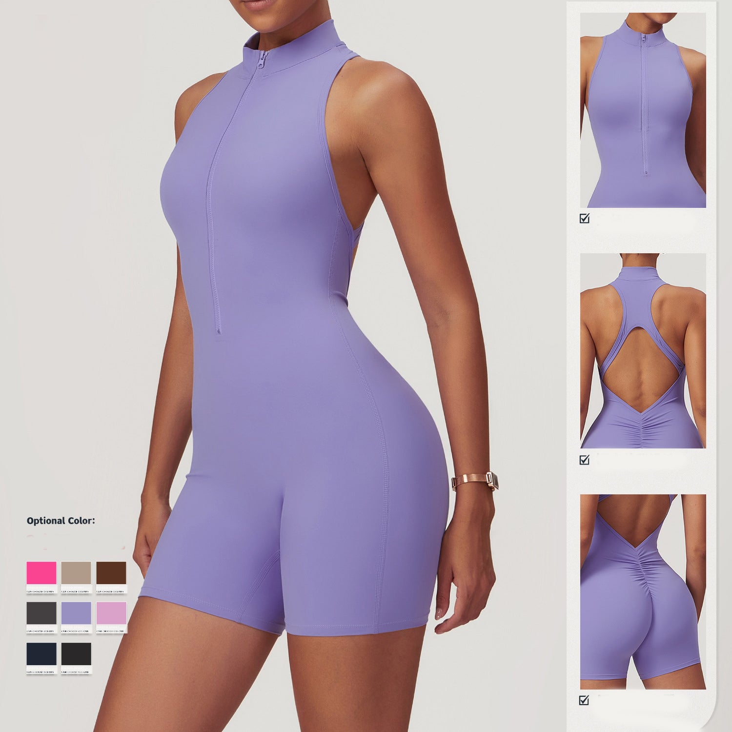 Zipper Backless Yoga Jumpsuit | Sleeveless Shorts Bodysuit – Women's Fitness Wear