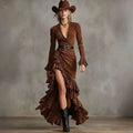 Retro Brown V-Neck Midi Dress for Women Brown – AdriaPulse