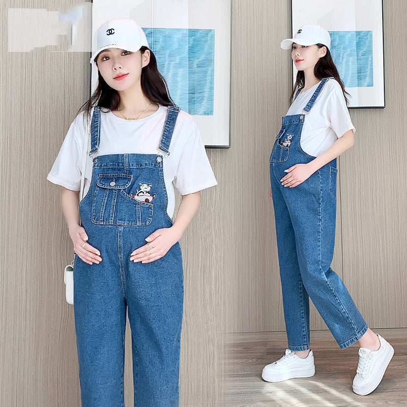 Blue denim maternity overalls with loose fit and belly-support design — comfortable pregnancy suspender pants for spring and autumn, AdriaPulse