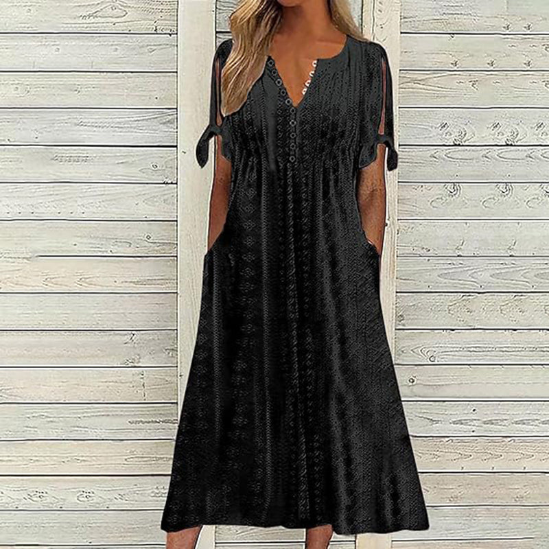Women's Eyelet V-Neck Maxi Dress Short Sleeve Flowy A-Line Summer Beach Dress Color A Front View – AdriaPulse