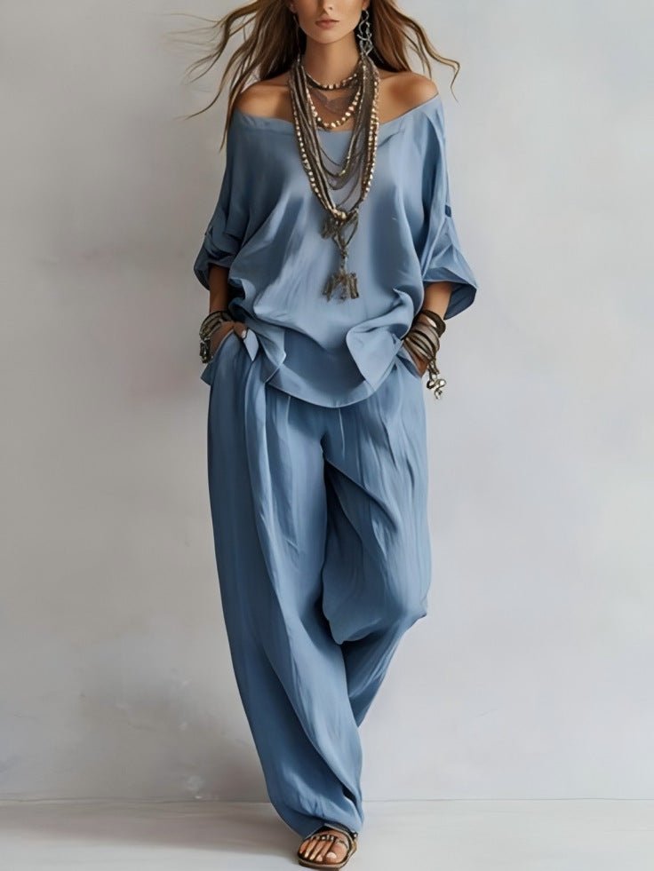Women's Off-Shoulder Three-Quarter Sleeve Top Wide-Leg Pants Set Minimalist Street Fashion Co-Ord – AdriaPulse
