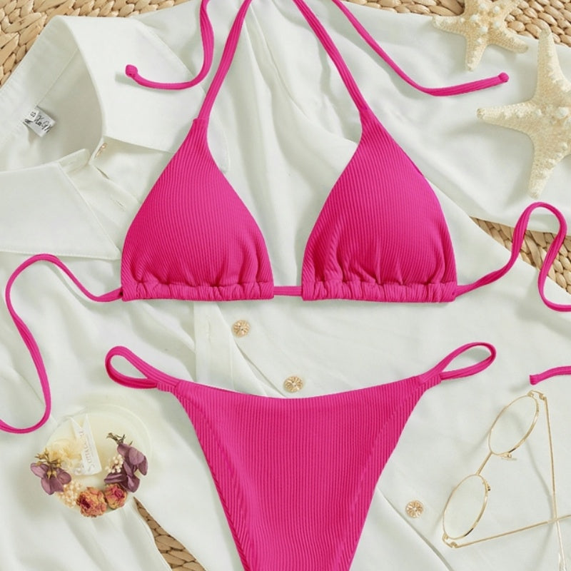 Women's Sexy Ribbed Tie Bikini Set – V-Neck Two-Piece Swimsuit
