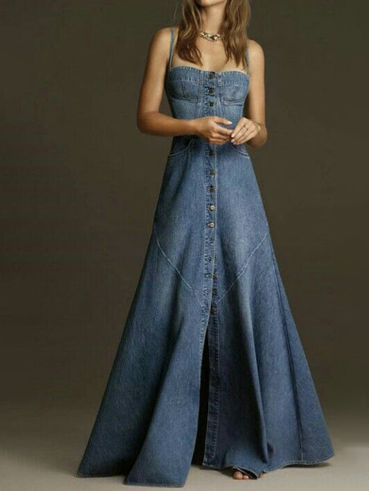 Women's Denim Single-Breasted Suspender Maxi Dress Vintage Button Overall Dress Blue Front View – AdriaPuls
