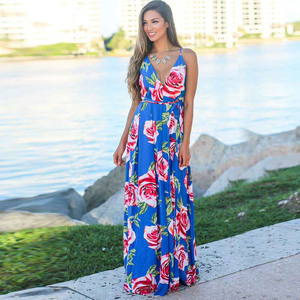 Women's Sling Backless Beach Dress – High Waist Maxi Swing Skirt