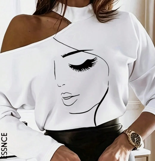 Women's White Open Shoulder Cartoon Graphic Long Sleeve T-Shirt – AdriaPulse
