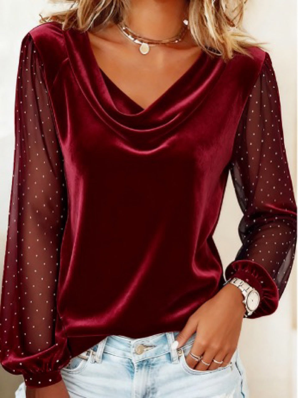 Women's Velvet V-Neck Long Sleeve Top | Rhinestone Mesh Elegant Tee