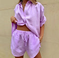 Nouveau style été 2024 européen et américain, ensemble deux pièces femme couleur unie chemise boutonnée à manches courtes et pantalon large La