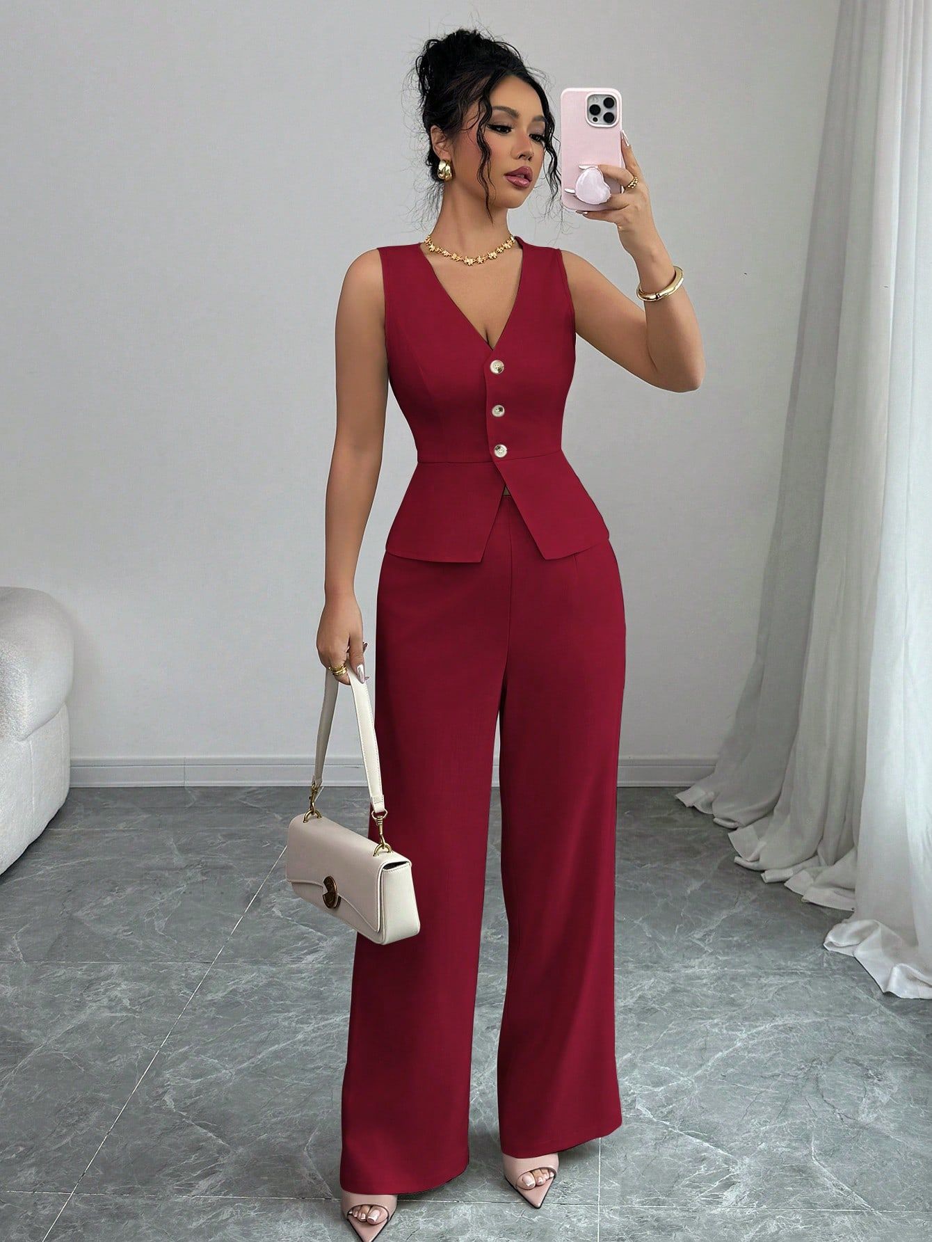 Women's Slim V-Neck Vest High Waist Trousers Two-Piece Set Sleeveless Summer Co-Ord – AdriaPulse
