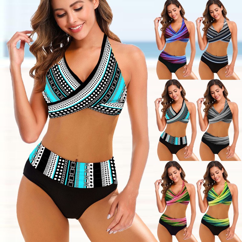Striped Tie-Dye Hollow Bikini – High Waist Open Back Swimsuit