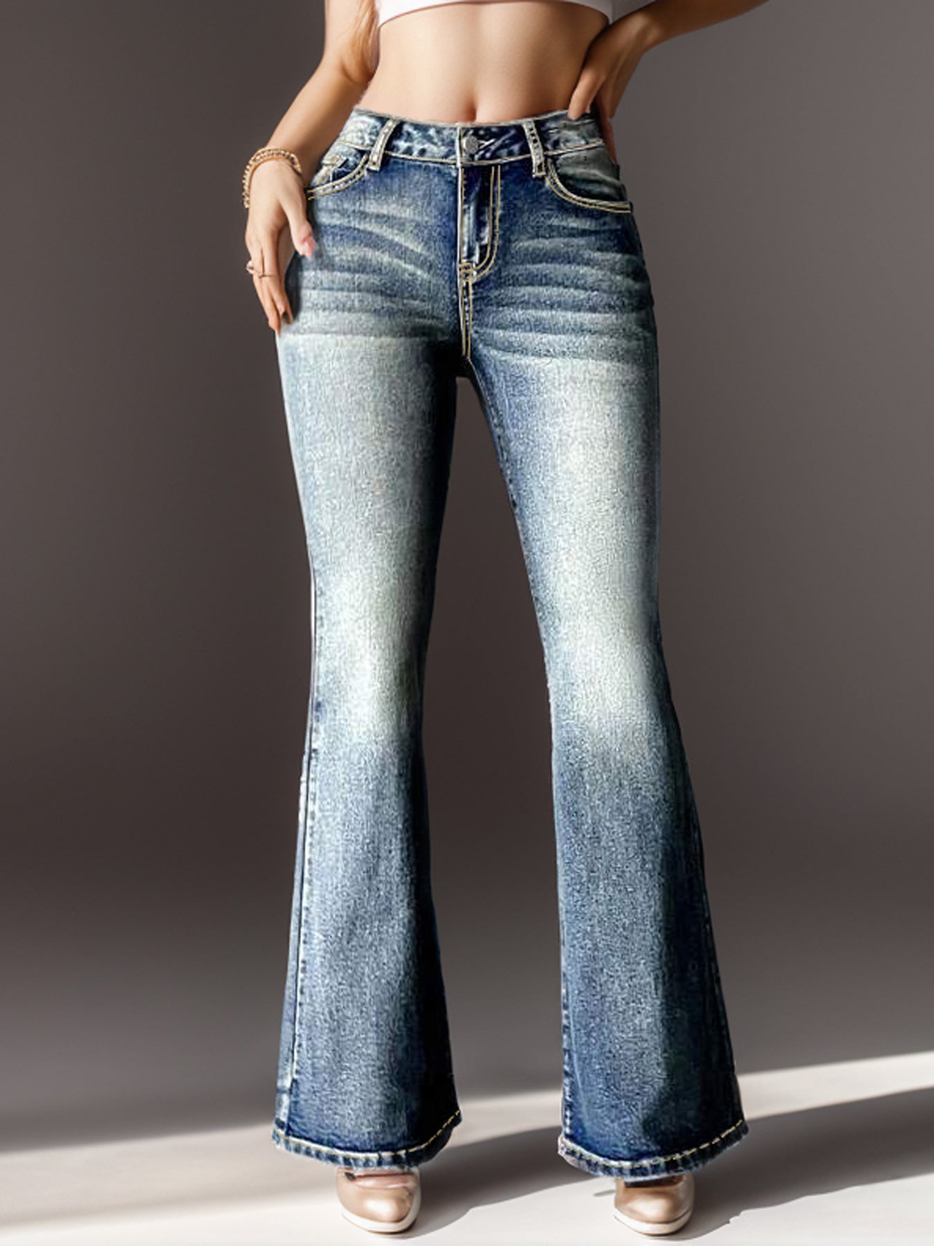 Women's Embroidered Bootcut Jeans – High-Waist Stretch Denim, Sea Blue