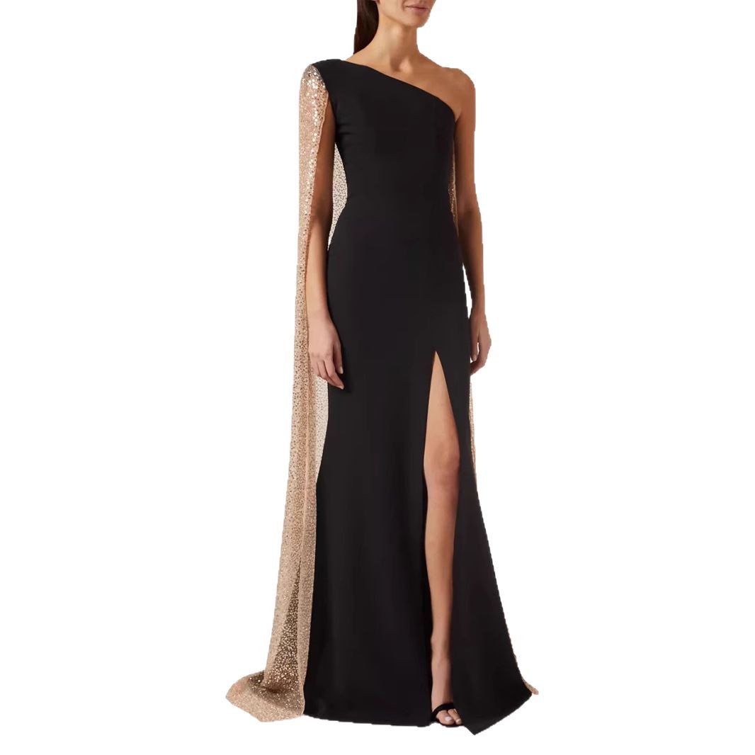 One-Shoulder Cloak Maxi Dress Long Sleeve Black Slit Party Dress – AdriaPulse
