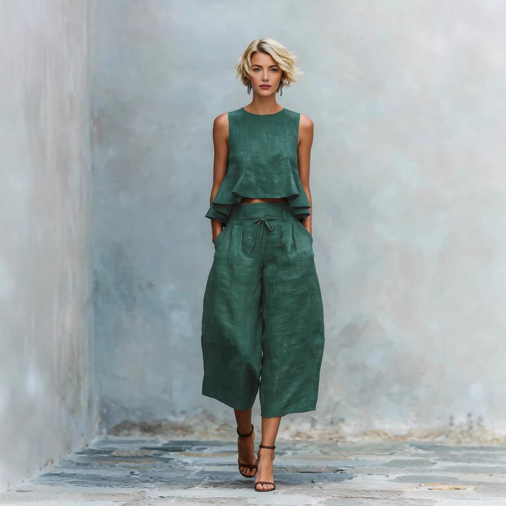 Women's Ruffled Sleeveless Top Wide-Leg Pants Set 2-Piece Summer Suit – Dark Green | AdriaPulse