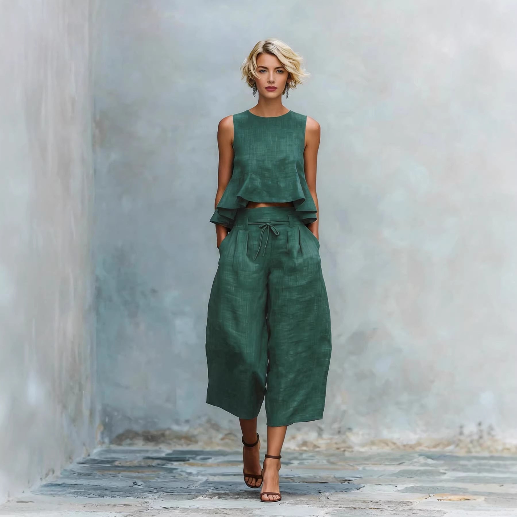 Women's Ruffled Sleeveless Top Wide-Leg Pants Set 2-Piece Summer Suit – Dark Green | AdriaPulse