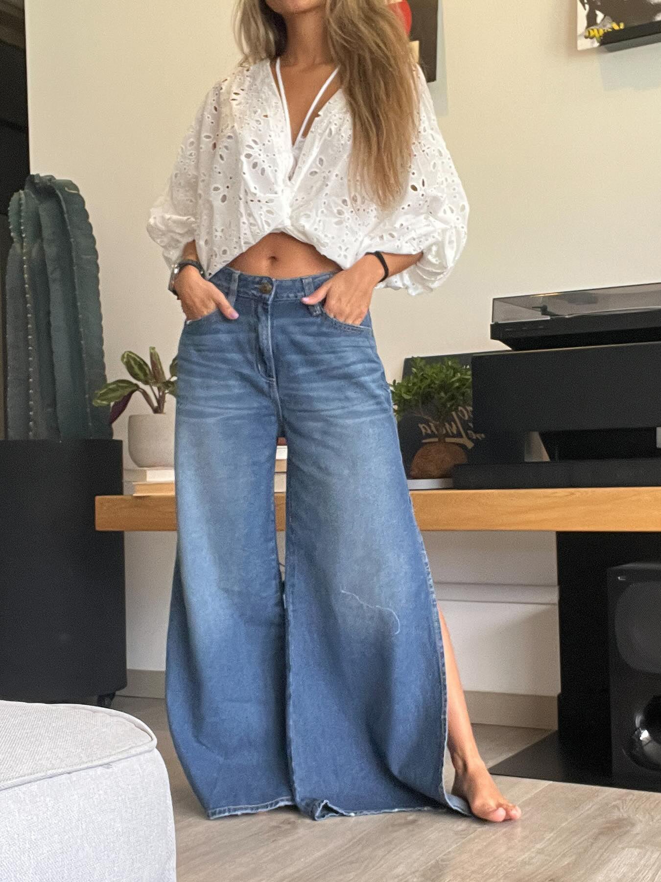 Women's Blue High Waist Ultra Wide Leg Denim Jeans with Side Slit – AdriaPulse
