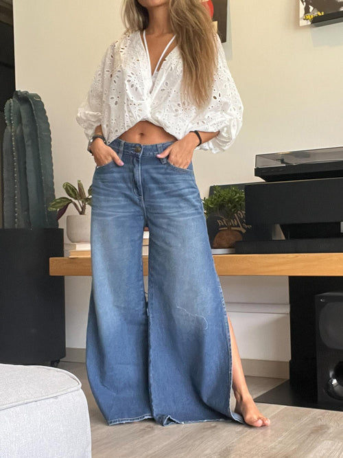 Women's Blue High Waist Ultra Wide Leg Denim Jeans with Side Slit – AdriaPulse