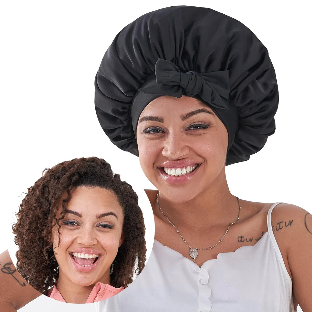 Schlafhaube aus Seide für Damen, Schlafhaube aus Satin für gewelltes lockiges Naturhaar, Damen und Herren – Schwarz