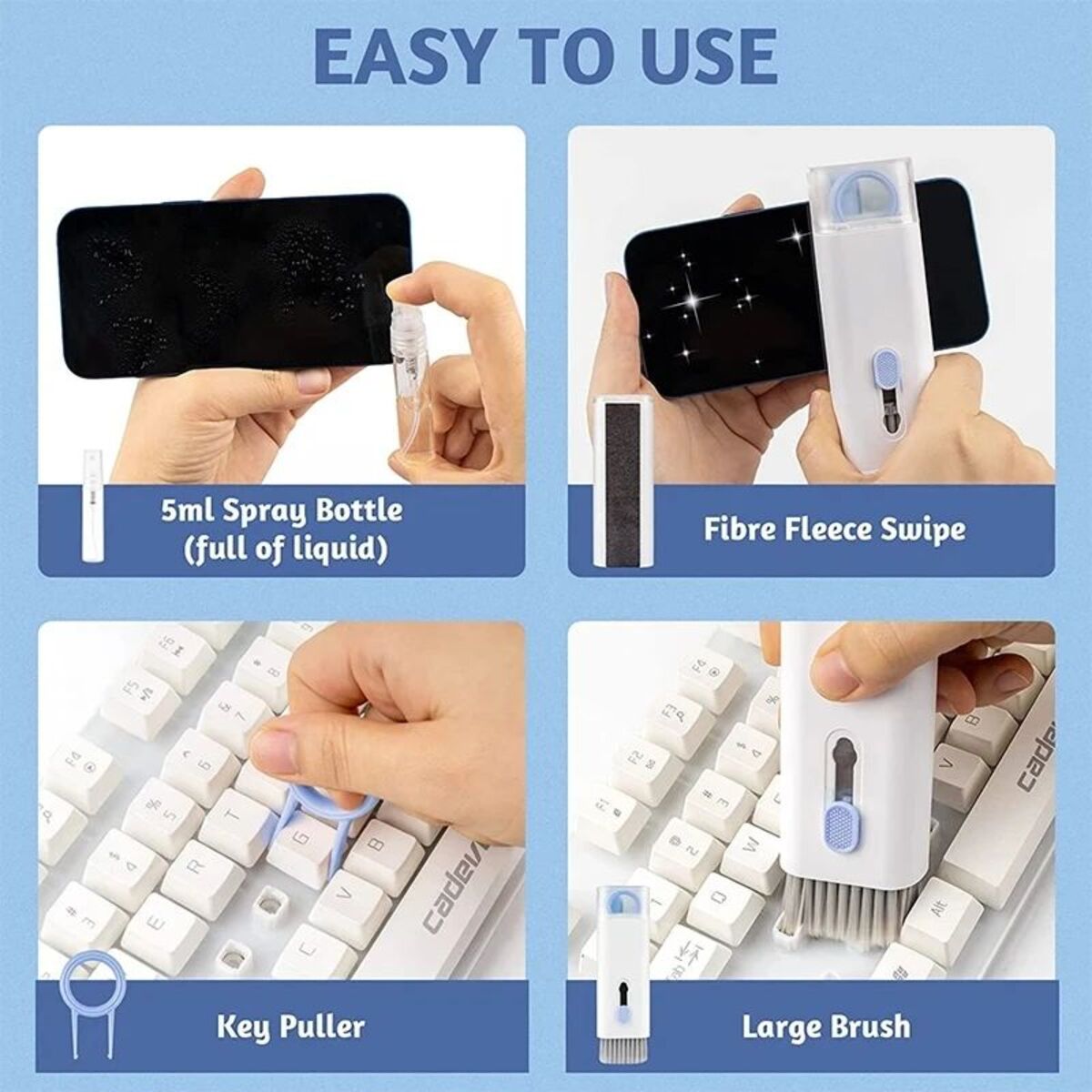 7-in-1 Keyboard Cleaner Brush Kit – Multifunctional Cleaning Set with Keycap Puller | Blue & Pink