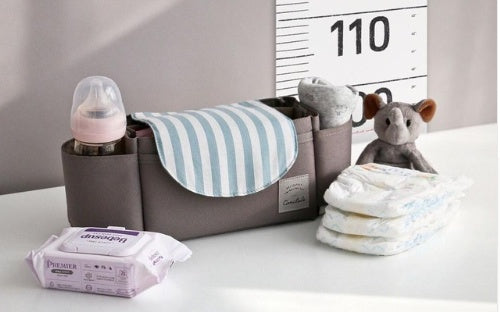 Grey bear multifunction baby stroller bag organizer hanging on pushchair — maternity nappy bag for diapers, bottles and essentials, AdriaPulse