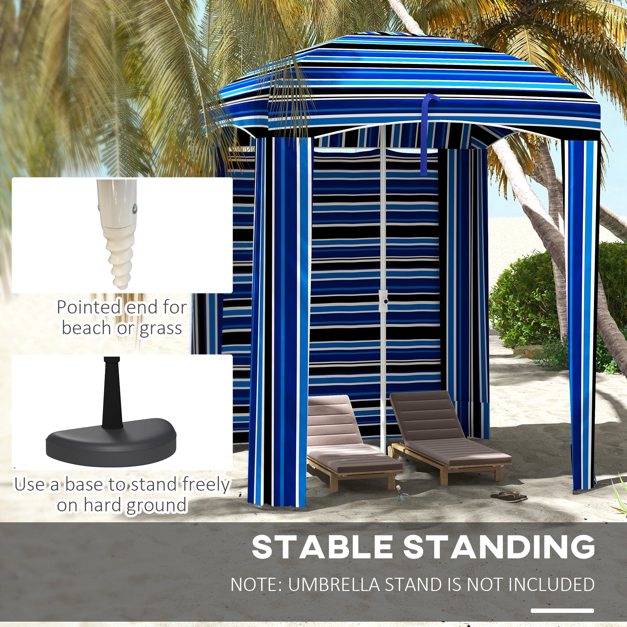 5.8' x 5.8' Cabana Umbrella with Walls, Vents, Ruffles, Carry Bag, Beach Umbrella, Blue Stripe