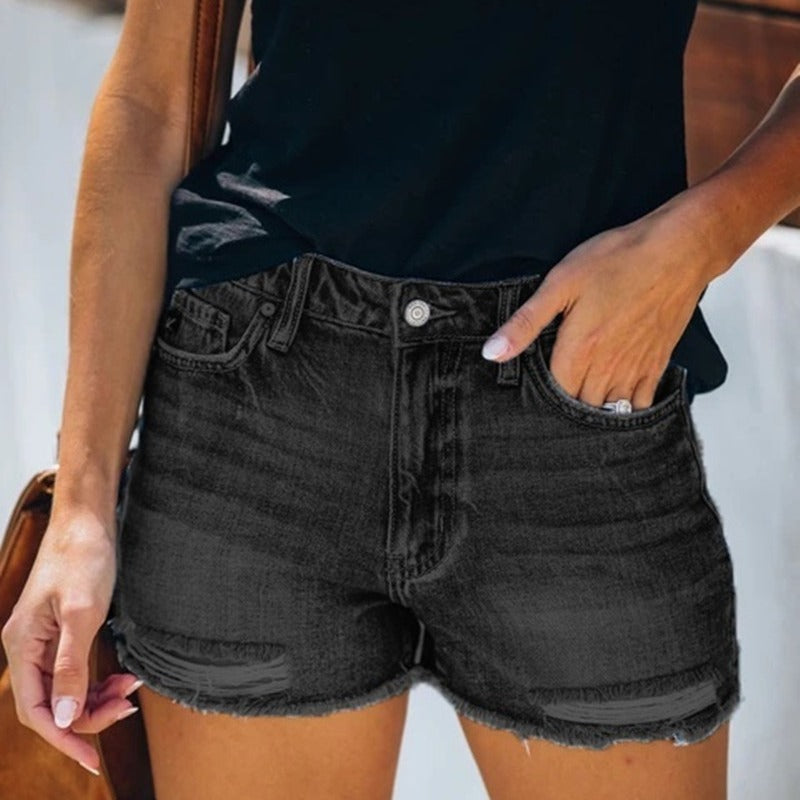 Women's Ripped Fringe Denim Shorts Summer Hole Jeans in Grey – AdriaPulse