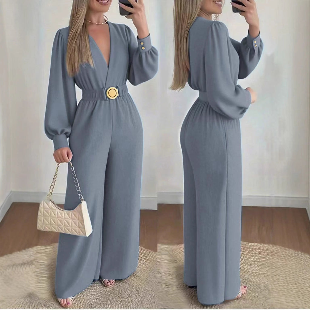 Women's Deep V-Neck Long Sleeve Jumpsuit Elegant  – AdriaPulse