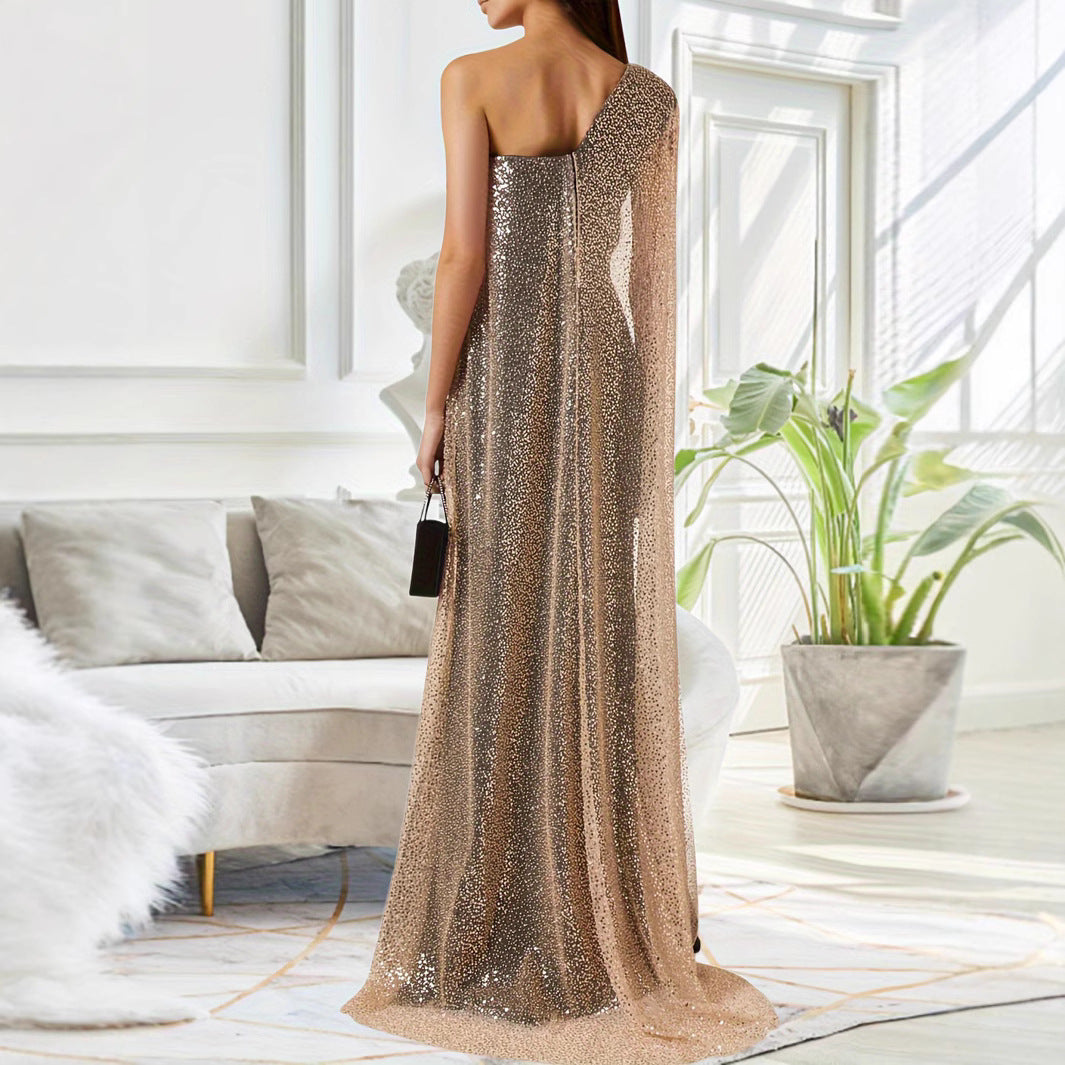 One-Shoulder Cloak Maxi Dress Long Sleeve Black Slit Party Dress – AdriaPulse
