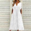 Women's Eyelet V-Neck Maxi Dress Short Sleeve Flowy A-Line Summer Beach Dress Color A Front View – AdriaPulse