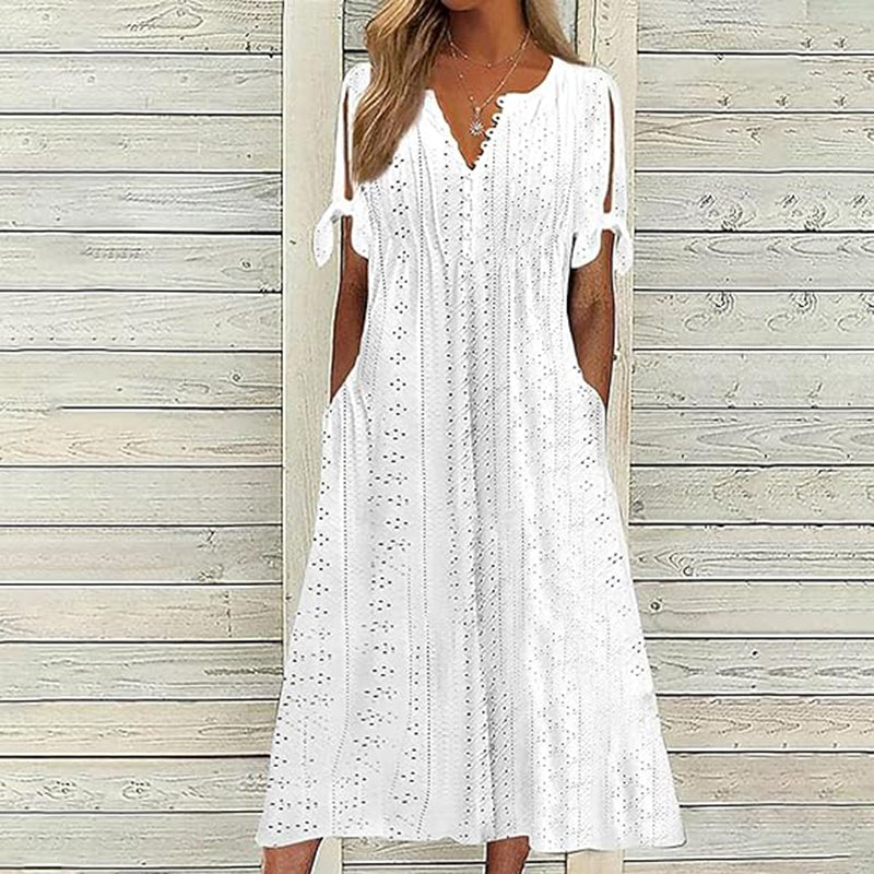 Women's Eyelet V-Neck Maxi Dress Short Sleeve Flowy A-Line Summer Beach Dress Color A Front View – AdriaPulse