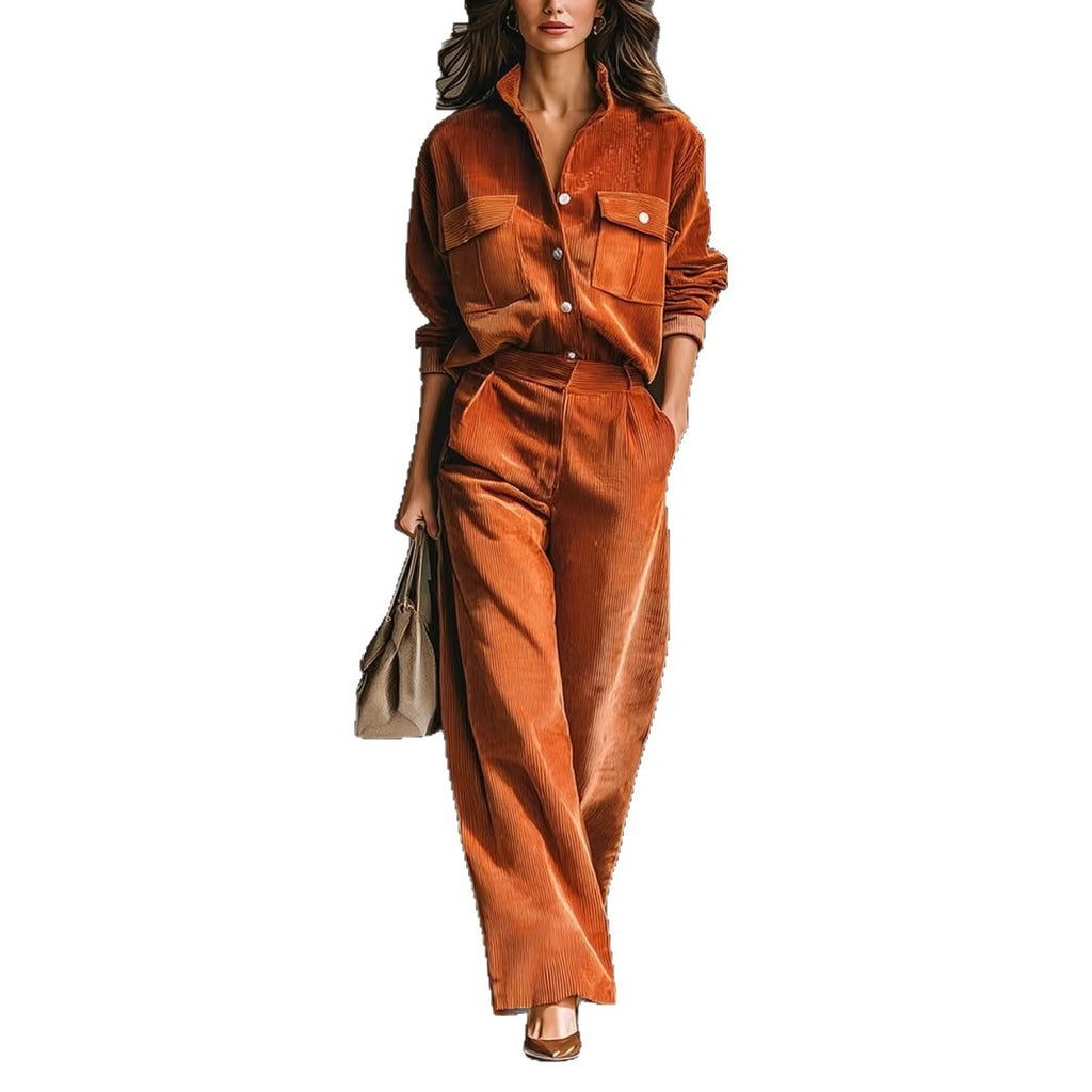 Retro Casual Caramel Corduroy Shirt & Wide-Leg Pants Set