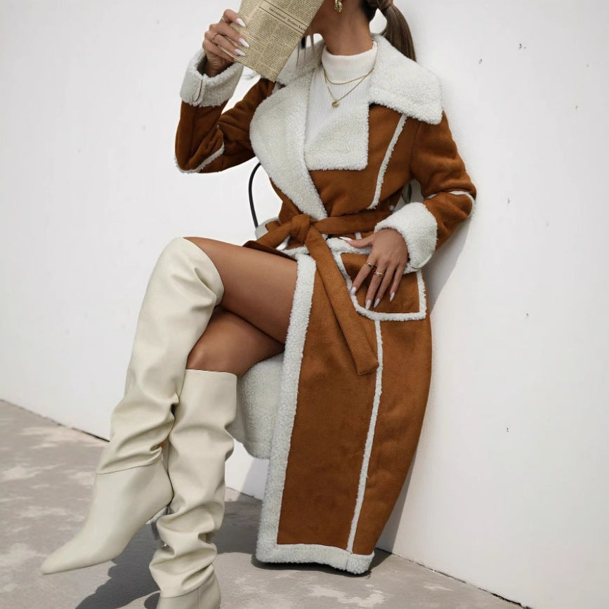 Long Lamb Wool Coat With Fur Collar & Fleece Lining