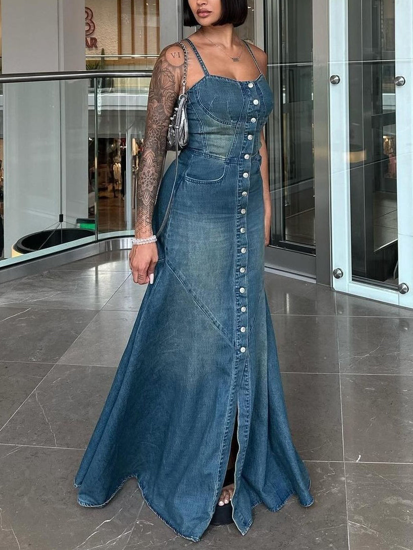 Women's Denim Single-Breasted Suspender Maxi Dress Vintage Button Overall Dress Blue Front View – AdriaPuls