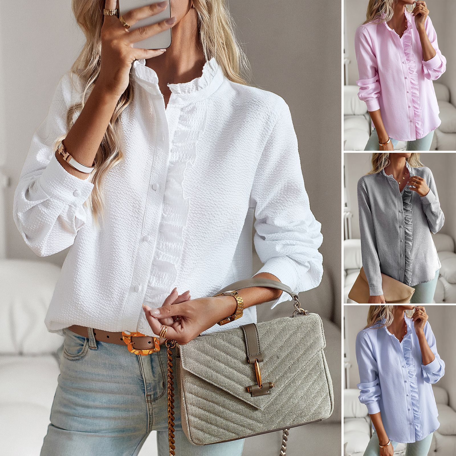 Gestreiftes Langarmshirt, modisches Rüschendesign, geknöpfte Oberteile, lässige Bürobluse, elegante Damenkleidung für Pendler