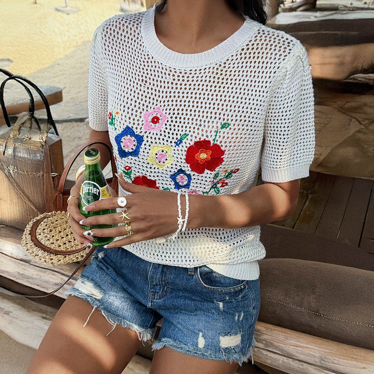 Y2K Knitted Embroidered Top For Leisure And Vacation