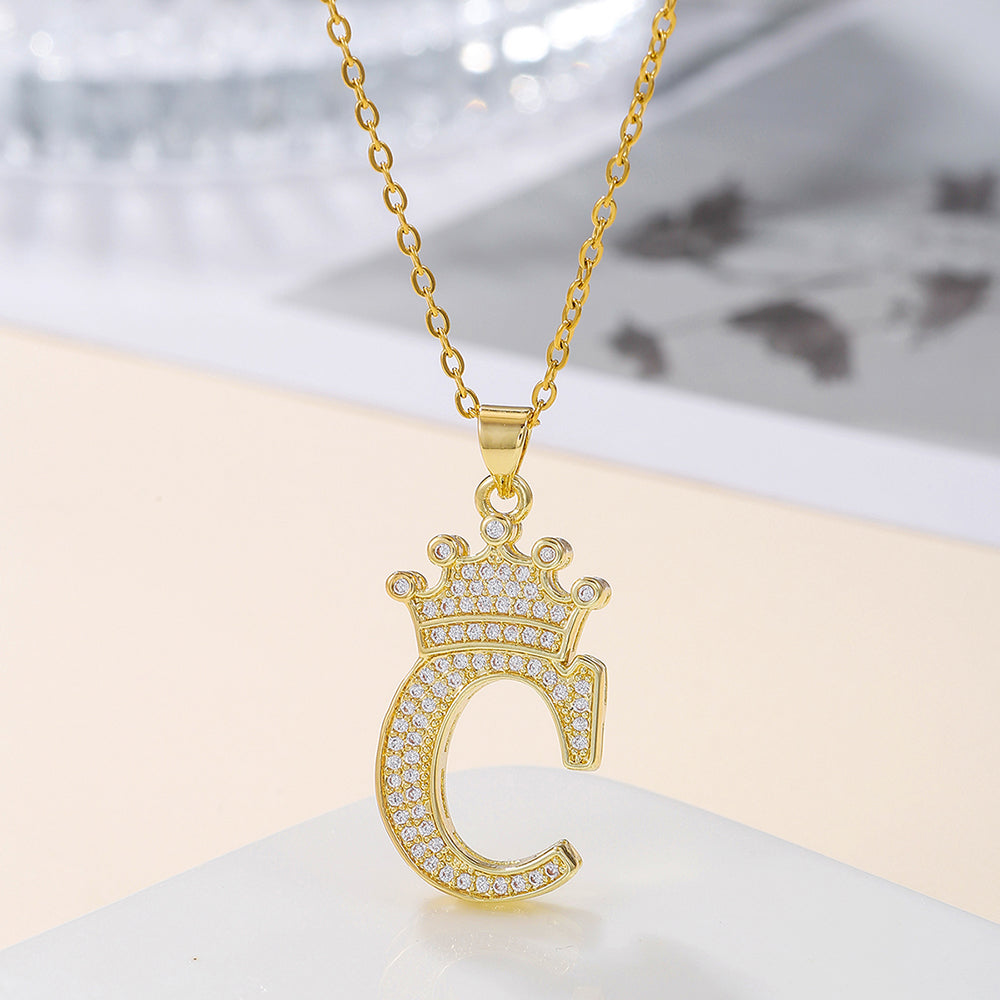 Gold Crown Initial Letter Pendant Necklace – Zircon A–Z Alphabet Jewelry