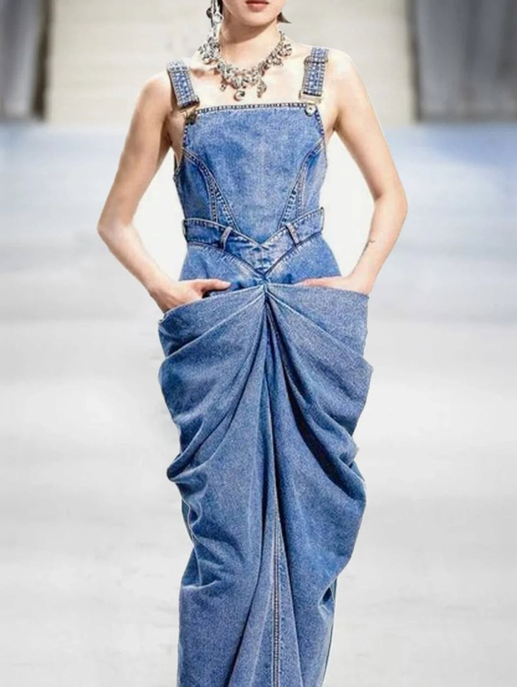 Women's Denim Suspender Pleated Maxi Dress Vintage Relaxed Fit Overall Dress Blue Front View – AdriaPulse